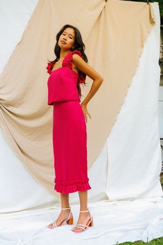 Hot Pink Linen Midi Skirt